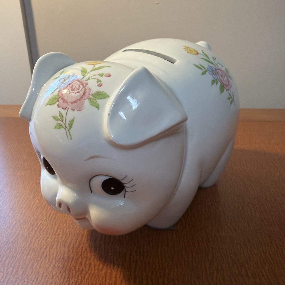 Lefton China White Floral Flowers Pig Piggy Bank Approx 7 x 6 x 5